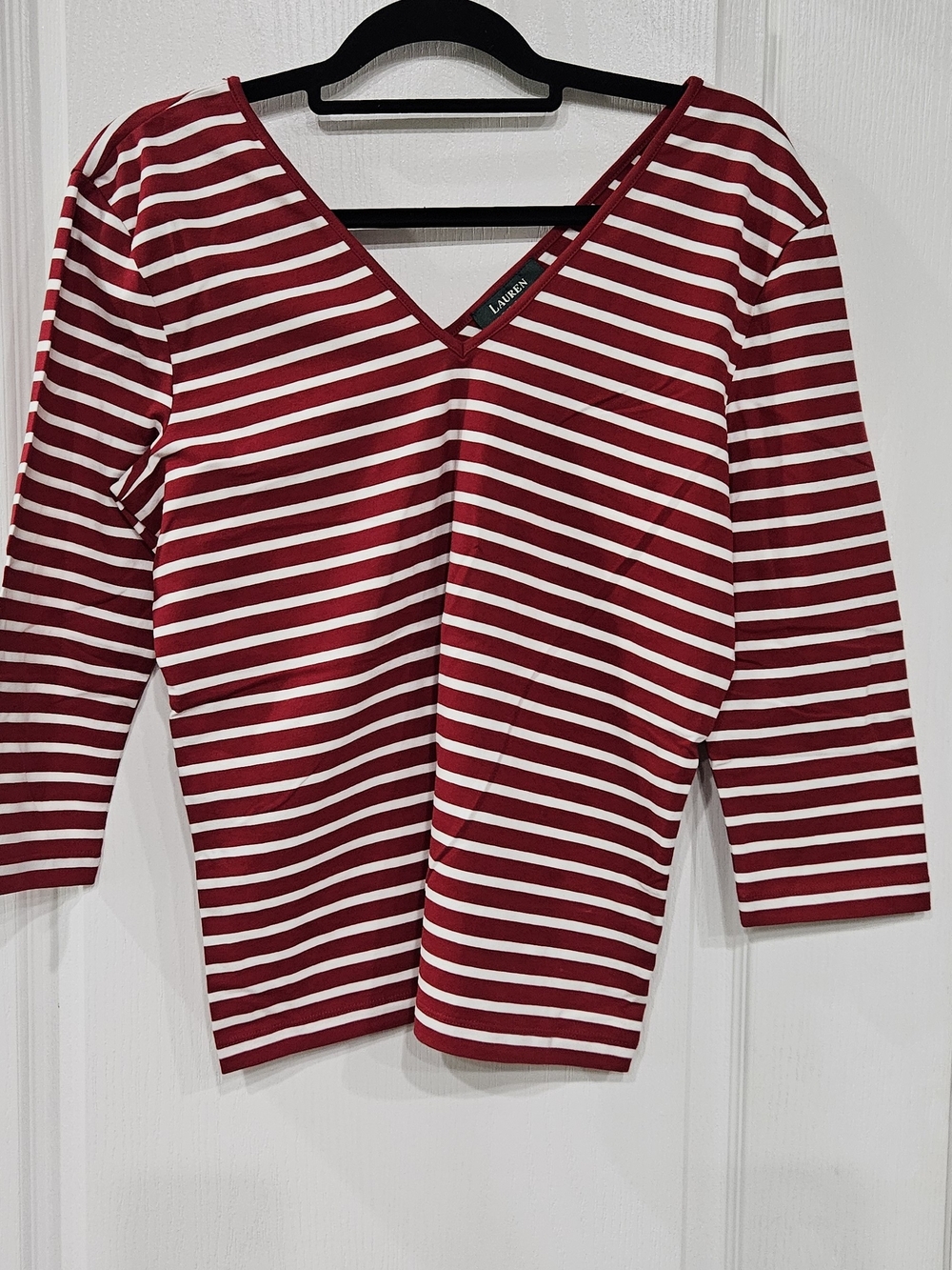 Lauren Ralph Lauren Red and White Striped V-Neck Long Sleeve Tee
